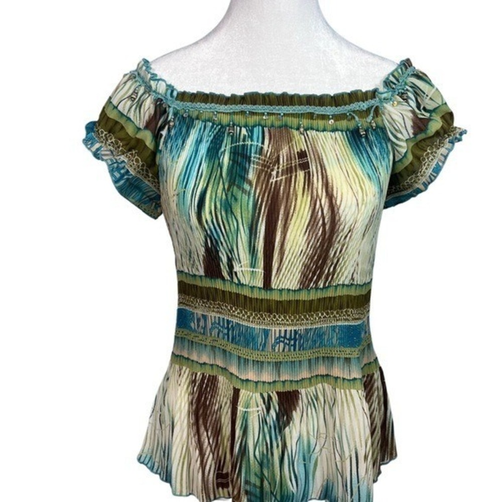 JK Dressbarn Off-Shoulder Green Blue Brown Blouse Size Medium Details On‎ Neck